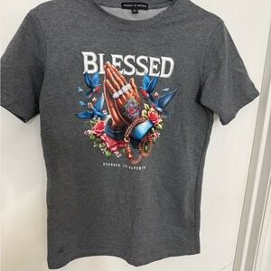 Gray Graphic Tee with Prayer Hands and Birds